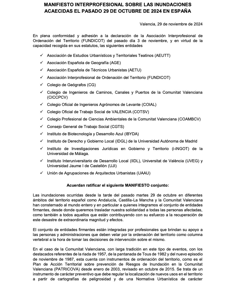 Publicamos el:

MANIFIESTO INTERPROFESIONAL SOBRE LAS INUNDACIONES ACAECIDAS EL PASADO 29 DE OCTUBRE DE 2024 EN ESPAÑA

Más de 14 entidades ya se han unido.
¿Quieres adherirte al Manifiesto?

Manifiesto: fundicot.org
Adhesiones: fundicot.org/adhesion-manif…