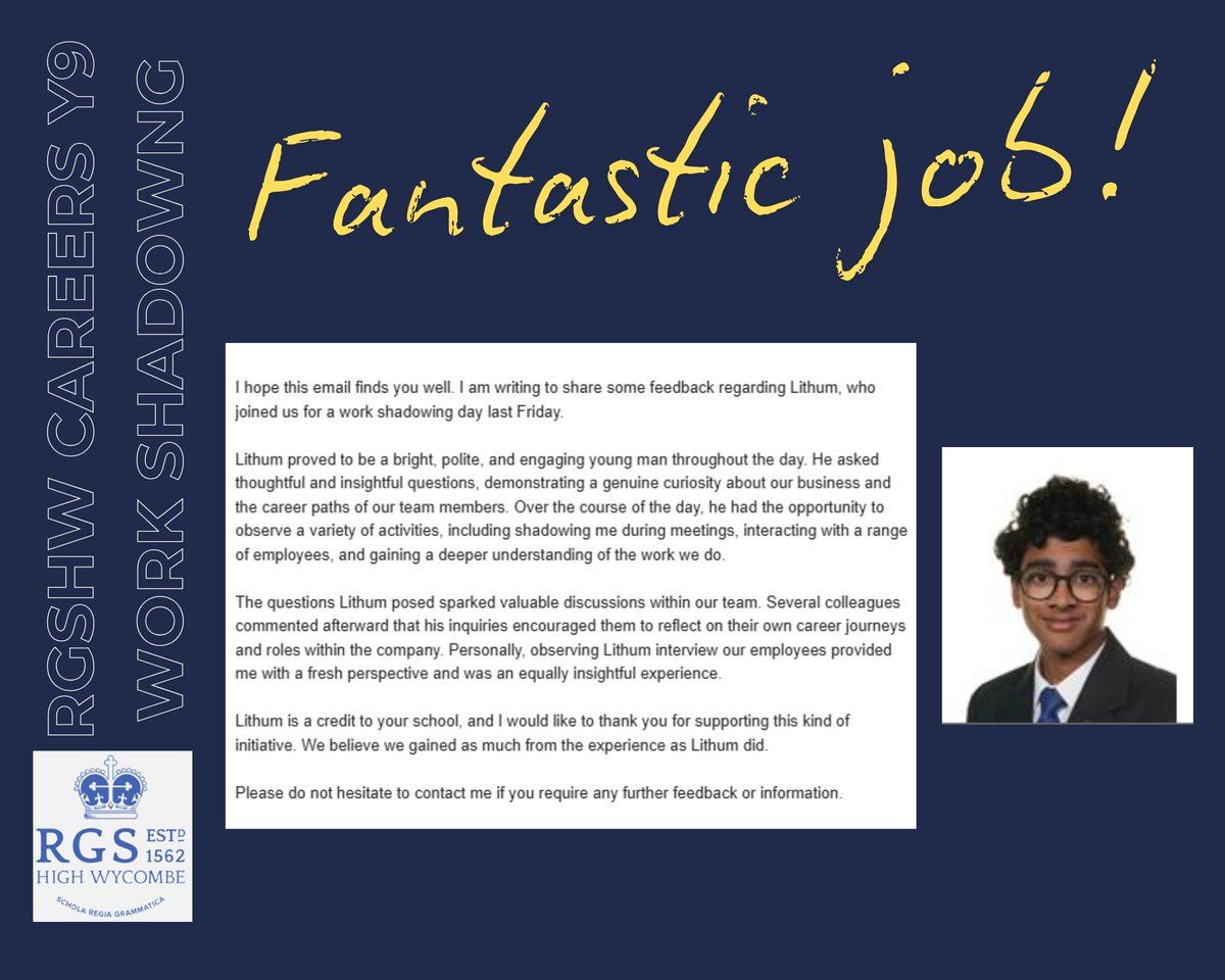 RGSHWCareers's tweet photo. A huge well done to Lithum, @rgshw Y9, for a fantastic Work Shadowing Day! ๐ผโจ His curiosity and insightful questions sparked great discussions and left everyone inspired. Weโre so grateful for the enriching experience! ๐ #WorkShadowing #Careers https://t.co/aCgWyT7few