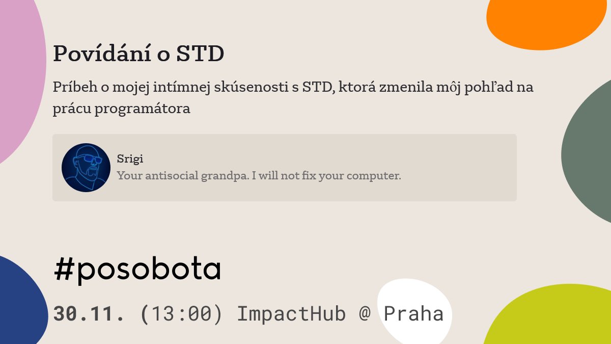 Na poslední sobotě bude <a href="/srigi/">Srigi</a> povídat o technologii co mu změnila 😳 pohled. Pár volných míst ještě je…
posobota.cz/registrace