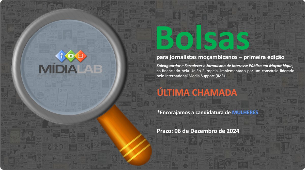 As candidaturas para a produção de 50 matérias, no âmbito do projecto, co-financiado pela União Europeia e implementado por um consórcio liderado pelo IMS, continuam abertas.

Para mais informações: bit.ly/414uxTH
Para submissão da candidatura: bit.ly/46AuH4a