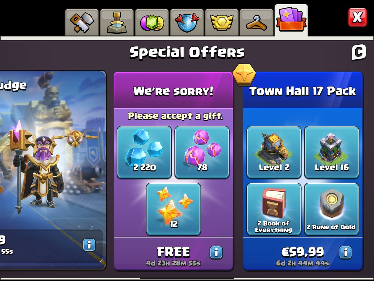 ClashofClans's tweet image. Hello Chief! As we know, this update has come with some bugs, including 2 major ones. One of them was causing War attacks to disconnect which caused a huge inconvenience to you and your Clan. As a way to apologise, we'd like to share with you a small token of appreciation, which…