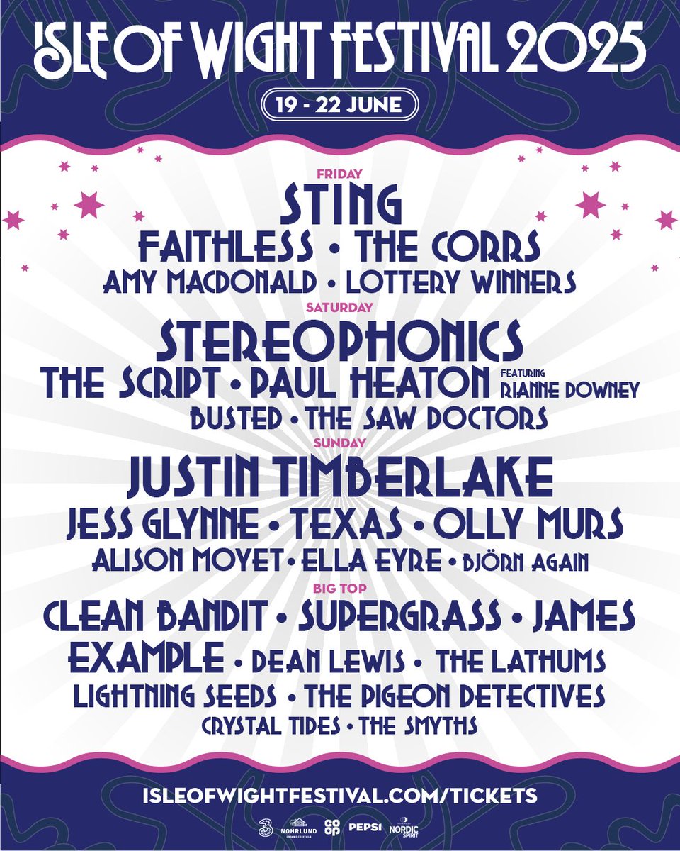 🚨The next #IOW2025 line-up announcement is here! 🚨 With Jess Glynne, Supergrass, The Corrs, Busted, Amy MacDonald, Ella Eyre, Lightning Seeds, The Pigeon Detectives, The Saw Doctors, Bjorn Again, Crystal Tides AND The Smyths all added! 🤩
🎟️ Tickets at isleofwightfestival.com/onsale
