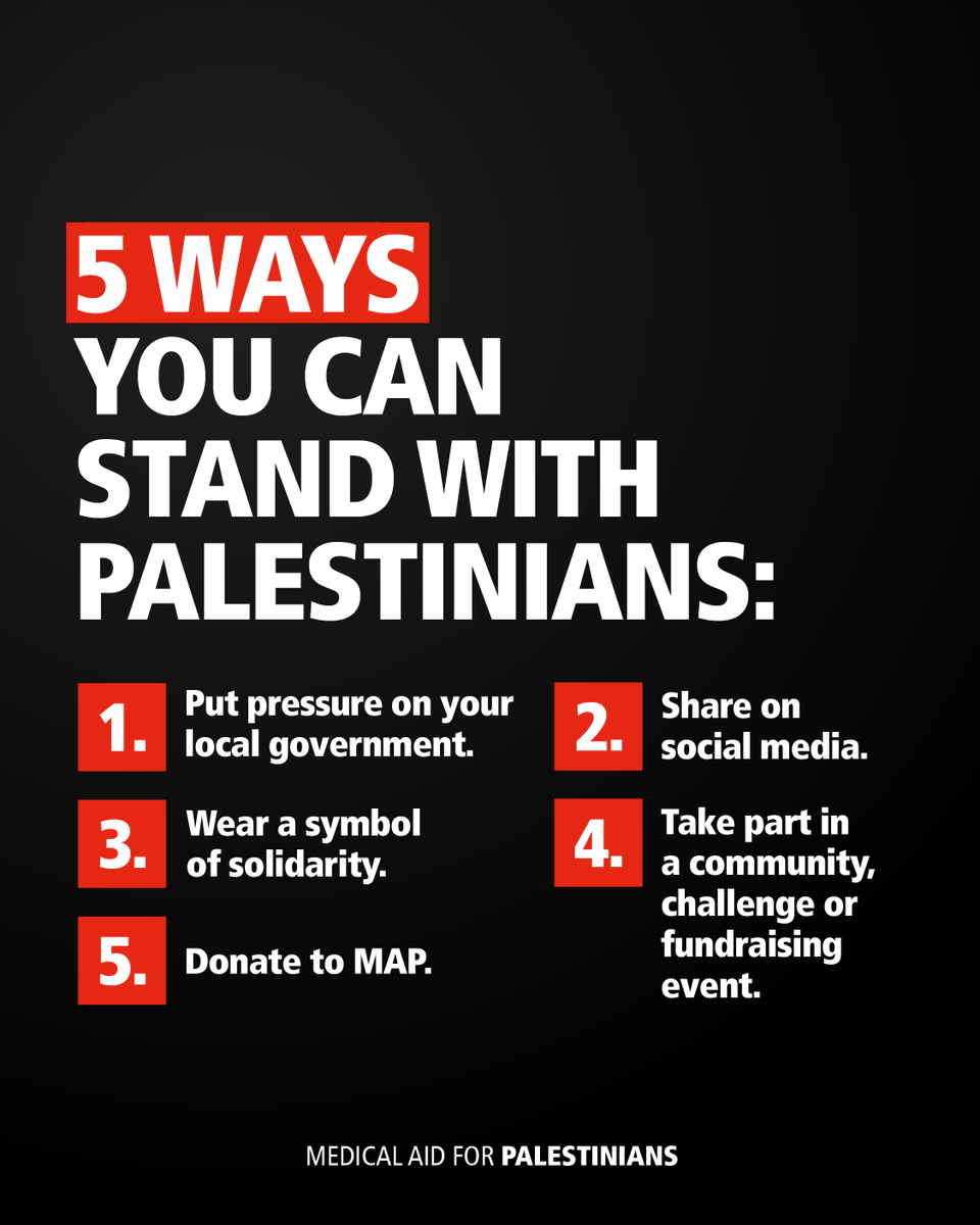Five ways to take action on International Day of Solidarity with the Palestinian People:

1️⃣ Put pressure on the UK Government: map.org.uk/campaigns/nort…

2️⃣ Fundraise: map.org.uk/ways-to-give/w…

3️⃣ Post on social media

4️⃣ Wear your solidarity

5️⃣ Donate: map.org.uk/?form=FUNFXHDC…