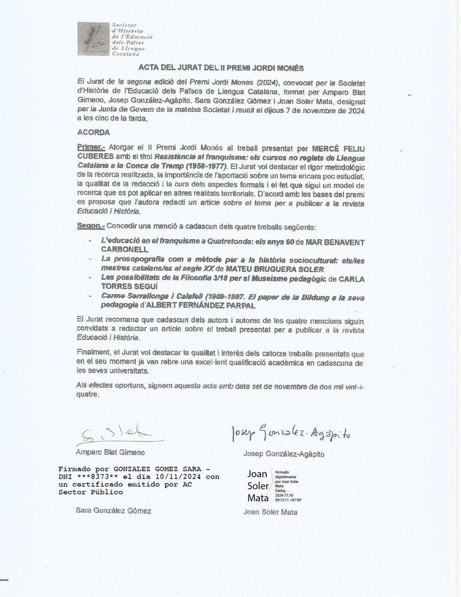 Mercè Feliu Cuberes <a href="/MFCub/">Mercè Feliu i Cuberes</a> rep el II premi Jordi Monés convocat per la <a href="/SHEducacio/">Societat d'Història de l'Educació</a> Mateu Bruguera, Mar Benavent, <a href="/carlaatorresss/">Carla Torres</a> i Albert Fernández reben una menció. El jurat destaca la qualitat dels catorze treballs presentats.