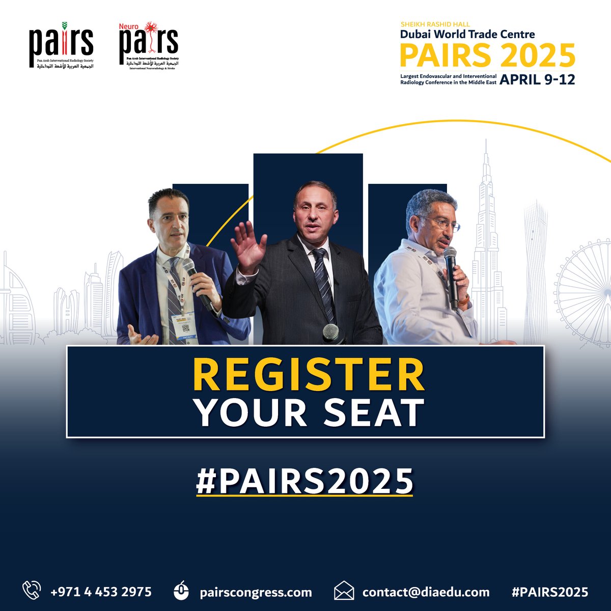 PAIRS (@pairsmedia) on Twitter photo 📣Have you saved your spot for #PAIRS2025? Register now!
<a href="/marabi2004/">Mohammad Arabi</a> <a href="/ahmed_kamel_ir/">Ahmed Kamel MD, PhD, FSIR</a> <a href="/mo_hamady/">Mo Hamady</a> <a href="/sqanadli/">Salah D. Qanadli, MD, PhD, FCIRSE</a> <a href="/saherssabri/">Saher Sabri</a> <a href="/ClinicsEra/">KARIM ABD EL TAWAB</a> <a href="/RefaatSalman/">Refaat Salman</a> <a href="/AzzamKhankan/">Azzam Khankan عزام خانكان</a> <a href="/Saad_VIR/">Wael Saad</a> <a href="/dr_aladham/">Dr. Farid Aladham</a> <a href="/nader_sourour/">NADER SOUROUR</a>
🗓️April 9-12, 2025
📍Dubai World Trade Centre
🔗 pairscongress.com/registration/ 📣Have you saved your spot for #PAIRS2025? Register now!
<a href="/marabi2004/">Mohammad Arabi</a> <a href="/ahmed_kamel_ir/">Ahmed Kamel MD, PhD, FSIR</a> <a href="/mo_hamady/">Mo Hamady</a> <a href="/sqanadli/">Salah D. Qanadli, MD, PhD, FCIRSE</a> <a href="/saherssabri/">Saher Sabri</a> <a href="/ClinicsEra/">KARIM ABD EL TAWAB</a> <a href="/RefaatSalman/">Refaat Salman</a> <a href="/AzzamKhankan/">Azzam Khankan عزام خانكان</a> <a href="/Saad_VIR/">Wael Saad</a> <a href="/dr_aladham/">Dr. Farid Aladham</a> <a href="/nader_sourour/">NADER SOUROUR</a>
🗓️April 9-12, 2025
📍Dubai World Trade Centre
🔗 pairscongress.com/registration/