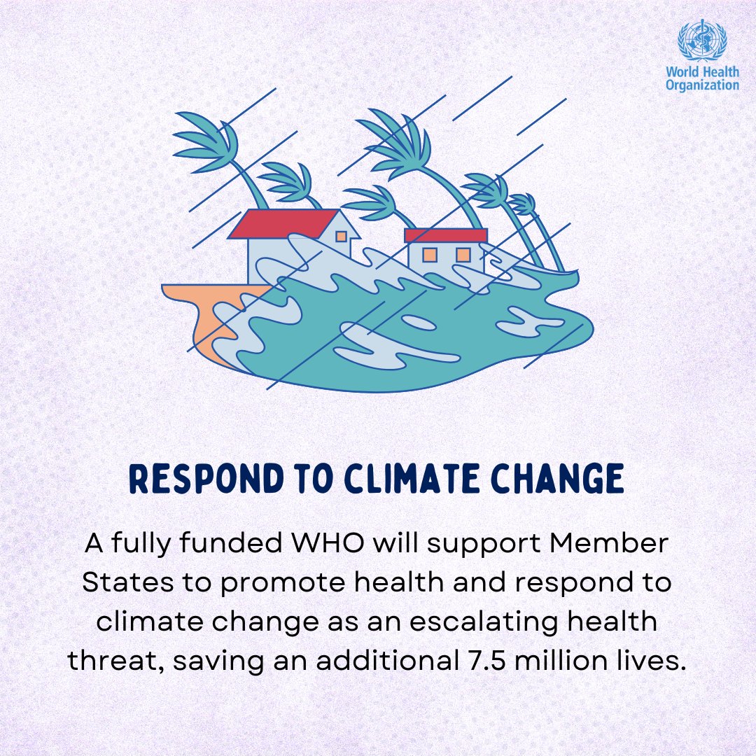 #InvestInWHO to enhance climate resilience

A fully funded WHO can help countries tackle climate-related health risks. 🌍💙

Climate crisis is a health crisis!

#HealthForAll: bit.ly/4fw0d8N
