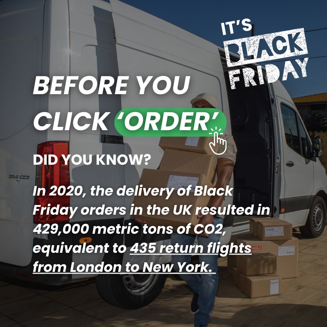 📦 Before you click “order” this #BlackFriday, know that up to 80% of items bought on Black Friday are thrown away, some without being used at all. 

In the UK alone, carbon emissions from Black Friday 2020 were equivalent to 435 return flights from London to New York.