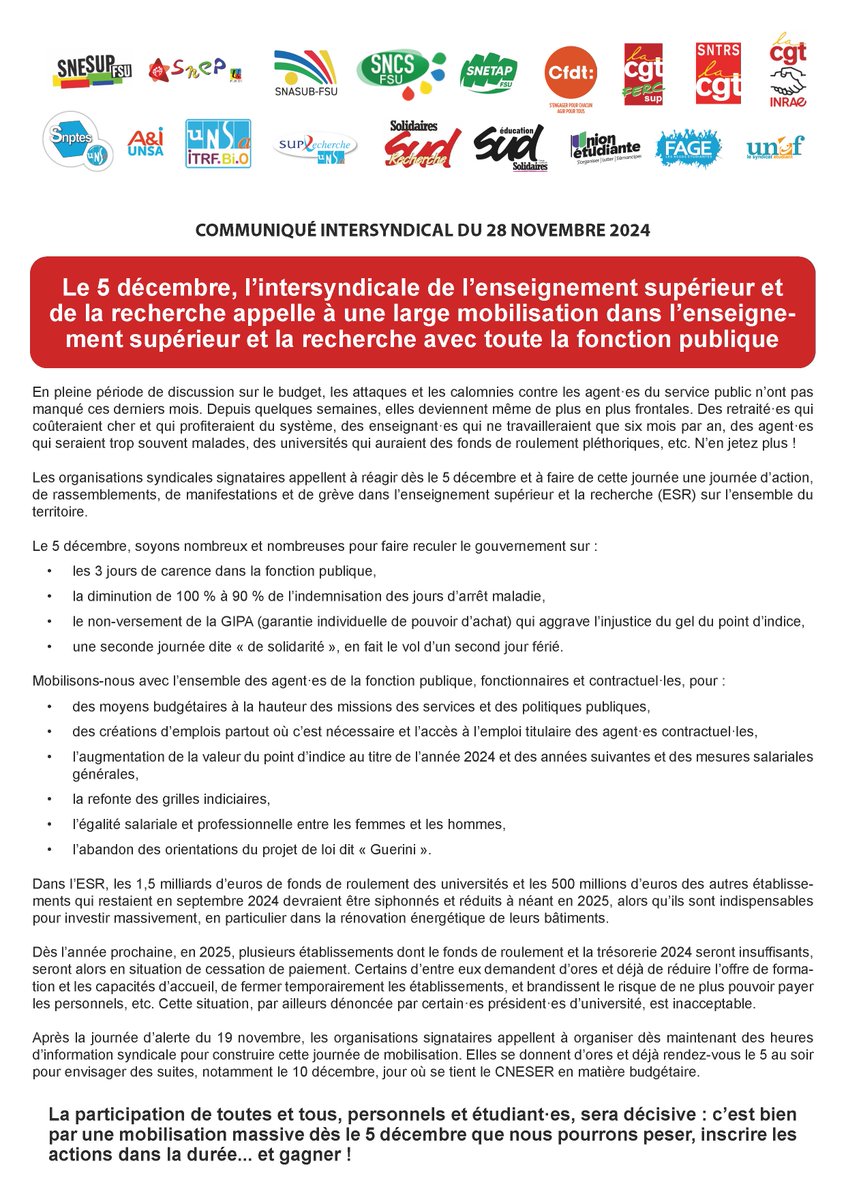 CgtFercSup's tweet photo. 📢Le 5 décembre, l’intersyndicale de l’enseignement supérieur et de la recherche appelle à une large mobilisation dans l’enseignement supérieur et la recherche avec toute la fonction publique

https://t.co/4bULkjPTKN https://t.co/UjFIf4wBty