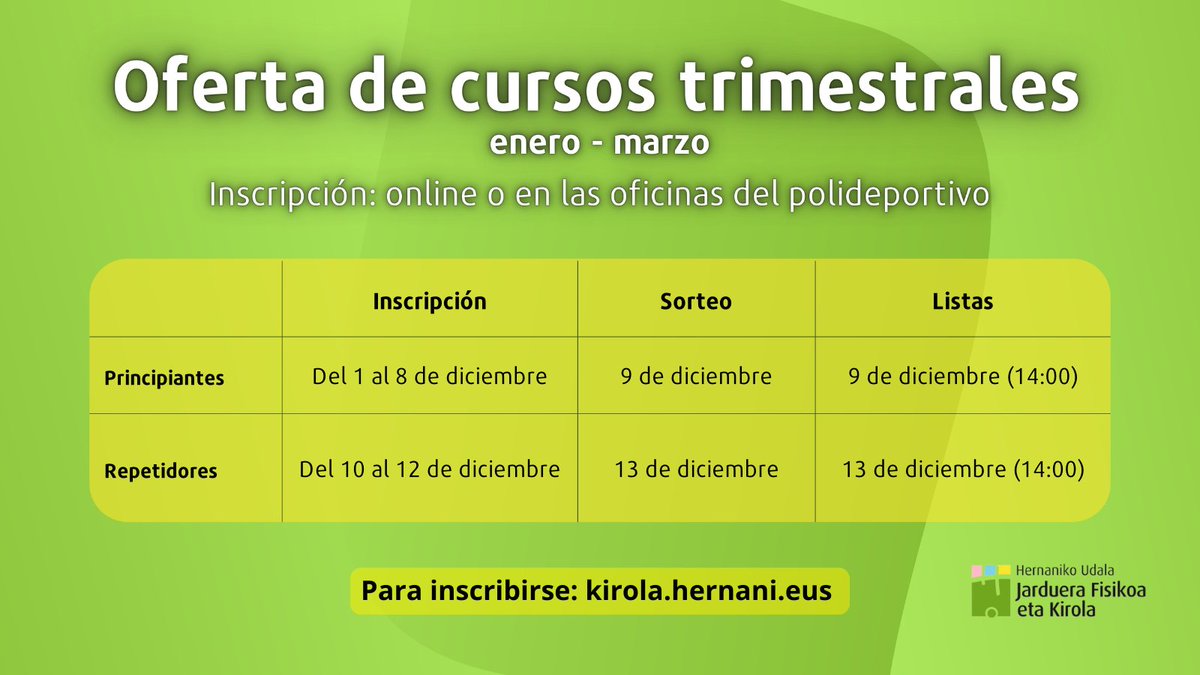 HKirola's tweet photo. Atención!Próximamente, se abre el plazo para la inscripción en los cursos trimestrales del polideportivo. https://t.co/2RpQpu4vJ4