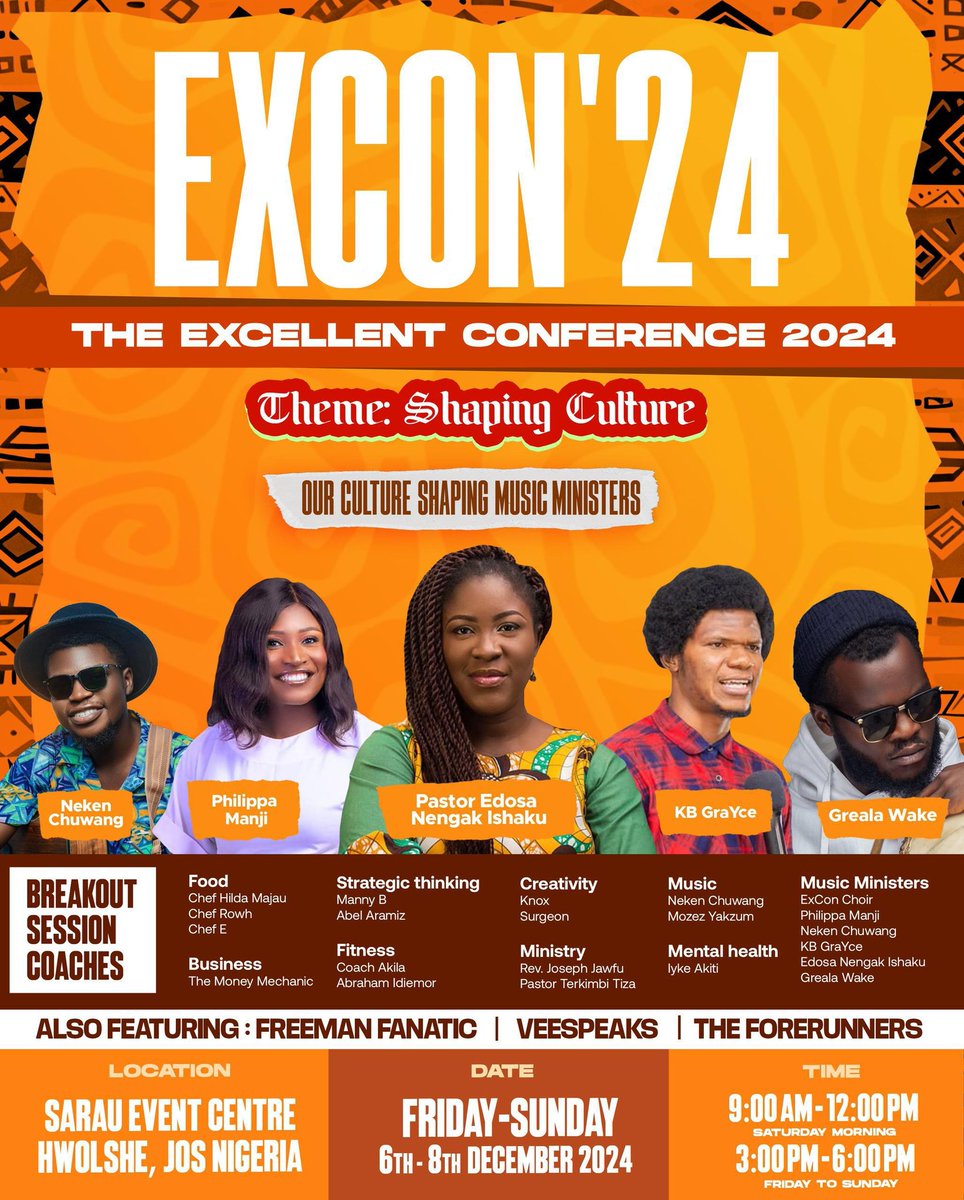 cee_fourr's tweet photo. The Excellent Conference is a convention of Christian youth with a goal of displaying God's excellence and magnificence in our world and generation.
๐
6th - 8th Dec 2024
๐Sarau Event Centre, Jos
#ExCon24
#ShapingCulture
#TheExcellentConference https://t.co/KRsAA3zAbJ