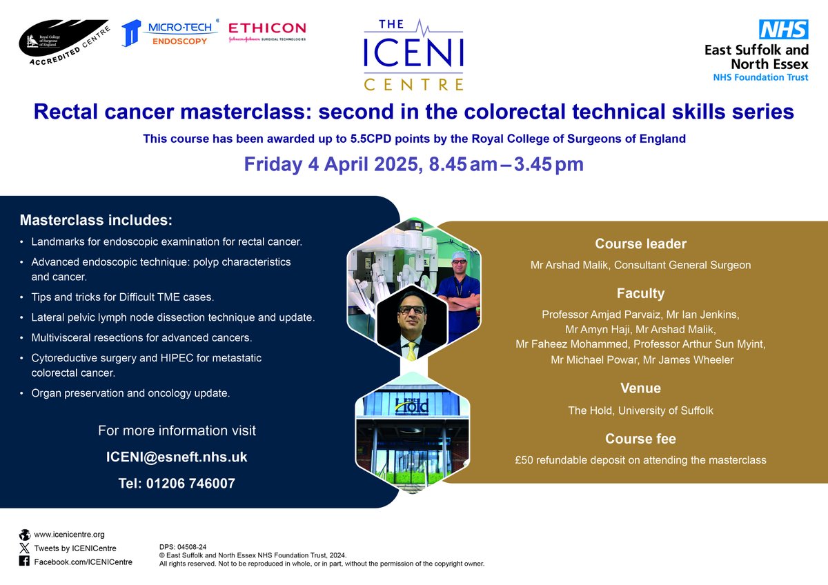 ICENI Centre (@icenicentre) on Twitter photo Don't forget to book your place on our Rectal Cancer Masterclass on Friday 4 April.
Venue: The Hold, University of Suffolk, Ipswich
Fee: £50 (refunded on attending the course)
#colorectal #MedicalEducation #Surgical
<a href="/ArshadMalikUK/">Arshad Malik</a>
<a href="/JNJMedTechUKIr/">Johnson & Johnson MedTech | UK & Ireland 🇬🇧 🇮🇪</a> <a href="/Lawmed_Ltd/">Lawmed Ltd</a> <a href="/MicroTechEndo/">MTE</a> Don't forget to book your place on our Rectal Cancer Masterclass on Friday 4 April.
Venue: The Hold, University of Suffolk, Ipswich
Fee: £50 (refunded on attending the course)
#colorectal #MedicalEducation #Surgical
<a href="/ArshadMalikUK/">Arshad Malik</a>
<a href="/JNJMedTechUKIr/">Johnson & Johnson MedTech | UK & Ireland 🇬🇧 🇮🇪</a> <a href="/Lawmed_Ltd/">Lawmed Ltd</a> <a href="/MicroTechEndo/">MTE</a>