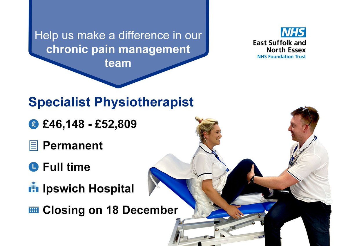 Are you an experienced #Physiotherapist who is passionate about chronic pain management? 👇 

💻 Apply here: buff.ly/3CuQHE7 

#TeamESNEFT #NHS #NHSJobs #Physiotherapy #ChronicPain #HiringNow #PhysiotherapyJobs <a href="/The_HCPC/">HCPC</a>