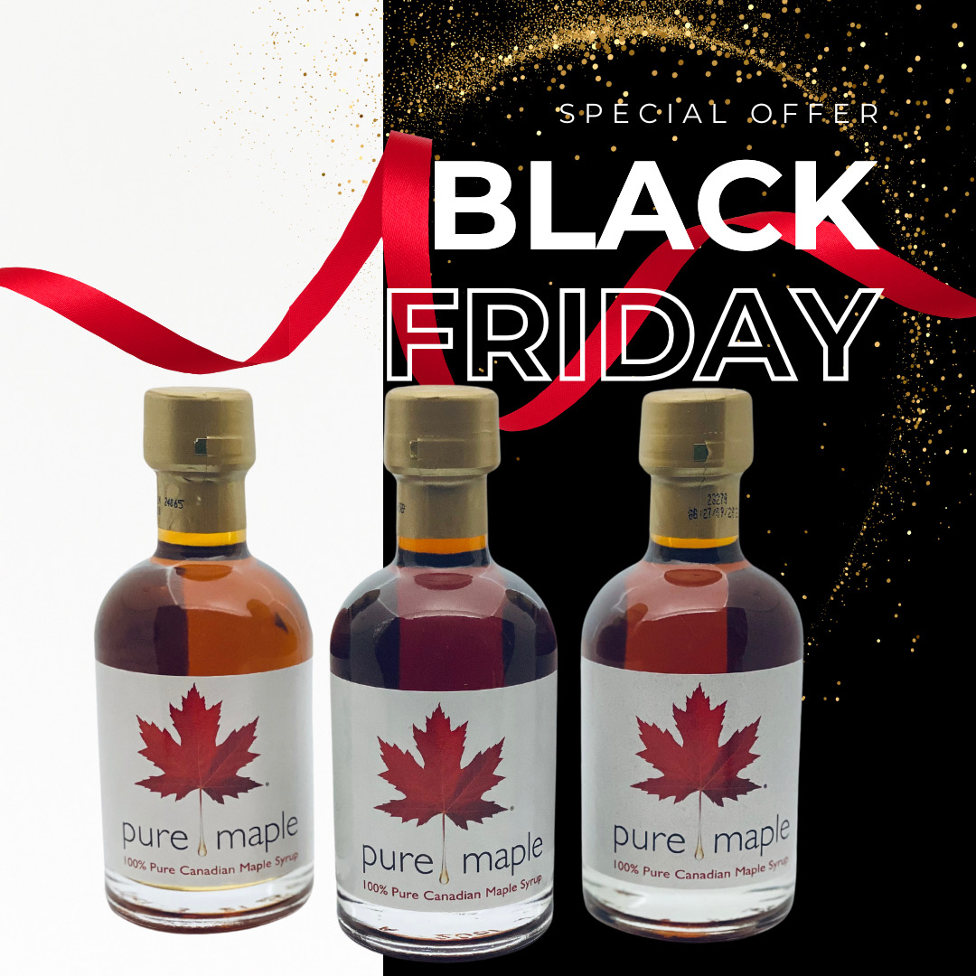 Black Friday is here, save up to 20% off selected items!
Our Pure Maple Syrup Trio is on sale for £22 , regular price £28.
 It includes 3 bottles of Grade A, 100% Canadian maple syrup: Golden Delicate, Dark Robust and Amber Rich, 
puremaple.co.uk/sale-2/