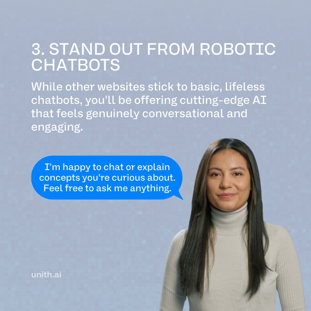 Unith_AI's tweet image. 3 reasons why Digital Humans are replacing traditional chatbots on websites! 
Swipe to see why businesses are making the switch 👉 

Create yours in 5 clicks: app.unith.ai 

#DigitalHumans #UNITH #ecommerce #customersupport #AI