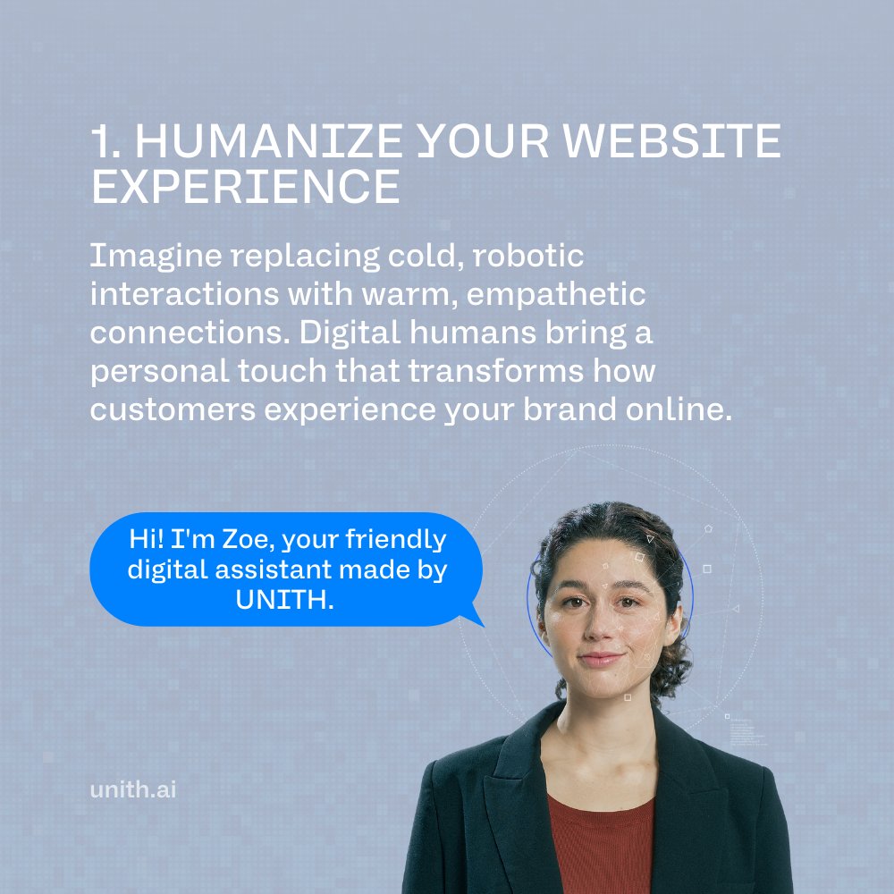 Unith_AI's tweet image. 3 reasons why Digital Humans are replacing traditional chatbots on websites! 
Swipe to see why businesses are making the switch 👉 

Create yours in 5 clicks: app.unith.ai 

#DigitalHumans #UNITH #ecommerce #customersupport #AI