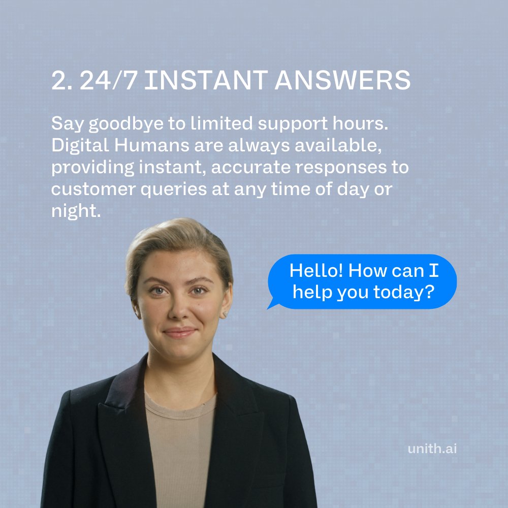 Unith_AI's tweet image. 3 reasons why Digital Humans are replacing traditional chatbots on websites! 
Swipe to see why businesses are making the switch 👉 

Create yours in 5 clicks: app.unith.ai 

#DigitalHumans #UNITH #ecommerce #customersupport #AI