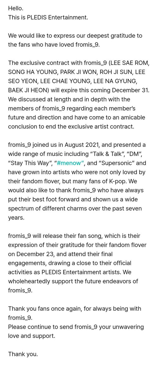 Notice of the termination of fromis_9 exclusive contract