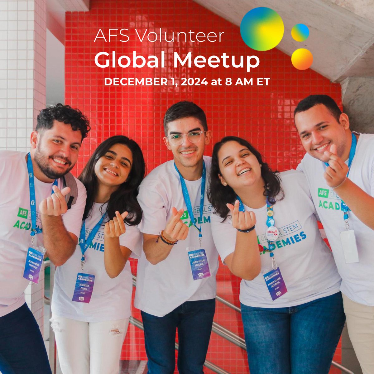 Calling AFS volunteers: join the global meetup this Sunday! You’ll get to connect with peers from around the world, discover the winners of AFS Volunteer Awards, hear from a cool panel and celebrate International Volunteer Day!

Register now: 
afs.zoom.us/meeting/regist… 

#AFSeffect