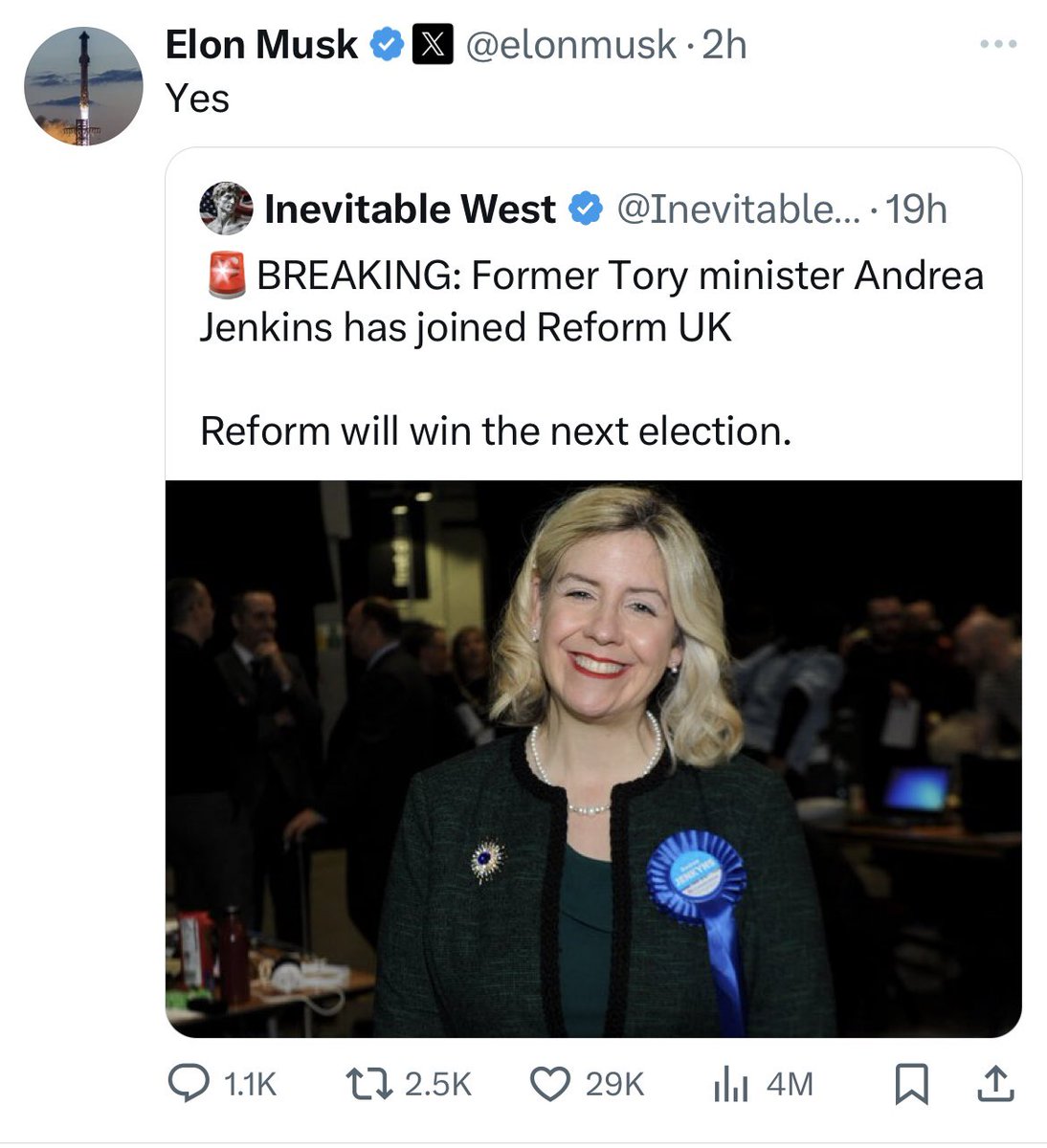 This is why so many people are moving elsewhere.

Musk once said that Twitter had to be neutral to be respected…

But now he’s moved from repeatedly attacking the UK govt to promoting a rival political party here. 

His intentions are clear. X is no longer a soc media platform.