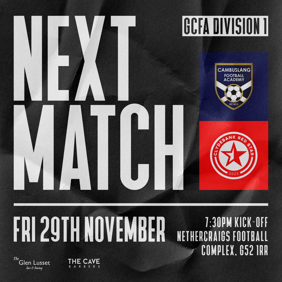 Clydebank Red Star (@cbankredstar) on Twitter photo NEXT MATCH ⚽️
We are under the lights tonight as we travel across the city to take on Cambuslang FA.
Come and support us if you can 👏🏻
🔴⚫️
<a href="/GlasCollegesFA/">Glasgow Colleges FA</a>
<a href="/ftsc0res/">fulltimesc0res</a>
<a href="/scottish_aff/">AmateurFixturesResultsSCO</a>
<a href="/CambuslangFAAma/">Cambuslang Football Academy Amateurs</a> NEXT MATCH ⚽️
We are under the lights tonight as we travel across the city to take on Cambuslang FA.
Come and support us if you can 👏🏻
🔴⚫️
<a href="/GlasCollegesFA/">Glasgow Colleges FA</a>
<a href="/ftsc0res/">fulltimesc0res</a>
<a href="/scottish_aff/">AmateurFixturesResultsSCO</a>
<a href="/CambuslangFAAma/">Cambuslang Football Academy Amateurs</a>