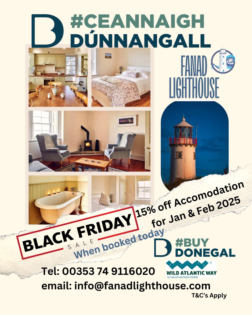 Fanad Lighthouse (@fanadlighthouse) on Twitter photo BLACK FRIDAY 
Don’t miss a rare chance to stay in this iconic Lighthouse. Book today and get 15% off all accommodation for January and February 2025. 
#donegal #blackfriday2024 #wildatlanticway  #wildatlanticwaydonegal #irishstay #uniquestays #MyLighthouseTrail BLACK FRIDAY 
Don’t miss a rare chance to stay in this iconic Lighthouse. Book today and get 15% off all accommodation for January and February 2025. 
#donegal #blackfriday2024 #wildatlanticway  #wildatlanticwaydonegal #irishstay #uniquestays #MyLighthouseTrail