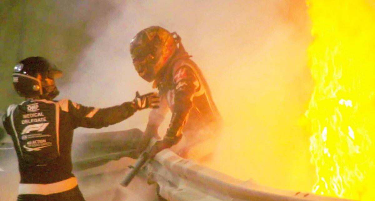 TheBishF1's tweet image. Anyone who saw live TV images of Romain Grosjean clambering out of his burning Haas in Bahrain will never forget it. Truly, it was a miracle escape. Thank god for the Halo, for the FIA medics, &amp;amp; for Grosjean’s determination to self-preserve. It happened #OnThisDay 4 years ago.