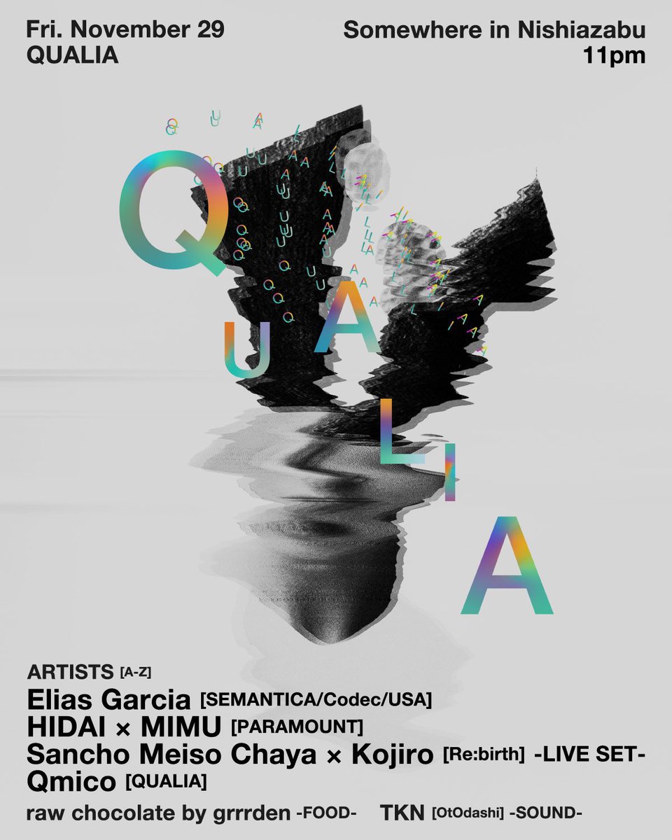 今夜 QUALIA at 西麻布付近 にてDJやります！自分は2018年以来、、お会いできる方は遊びましょう✌️
Elias Garcia [SEMANTICA/Codec/USA]
HIDAI × MIMU [PARAMOUNT]
Sancho Meiso Chaya × Kojiro [Re:birth Festival] -LIVE SET-
Qmico [QUALIA] 
Sonud: TKN [OtOdashi]
Food: raw chocolate by grrrden
