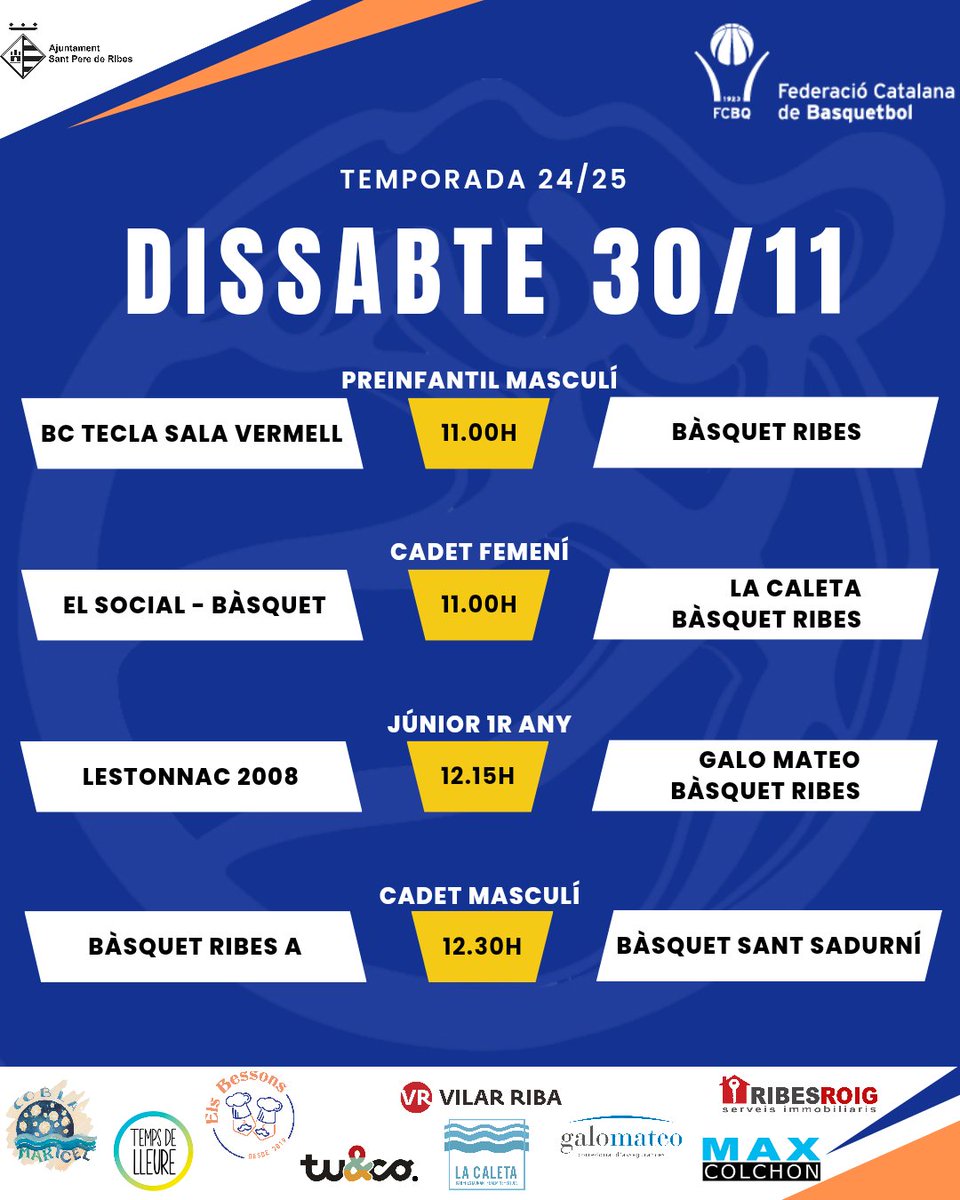 BasquetRibes's tweet photo. 📅 Agenda de partits d'aquest cap de setmana.
#basquetribes #adnribes #spribes #esportribeta
@santperederibes @REMMGUITART @tuandco_ @VilarRiba @Maxcolchon @Ribesroig @TempsdeLleure1 @VilabasquetVila @CBPrat @CNBasquetVnG @BCTeclaSala @ElSocialBasquet @santsadurniBQ https://t.co/4TkZmLgOJK