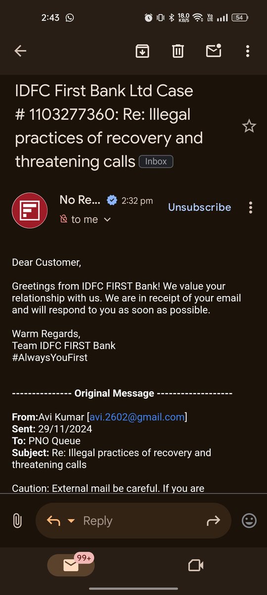 d_avikumar's tweet photo. I condemn and demand Justification of such illegal practices performed by IDFC bank.
Shame on you IDFC.
Your collection team is giving me threats of personal harm and defamation by calling on my reference phone numbers and abusing my family.

#ShameonIDFCBank https://t.co/NEatn2Qn8s