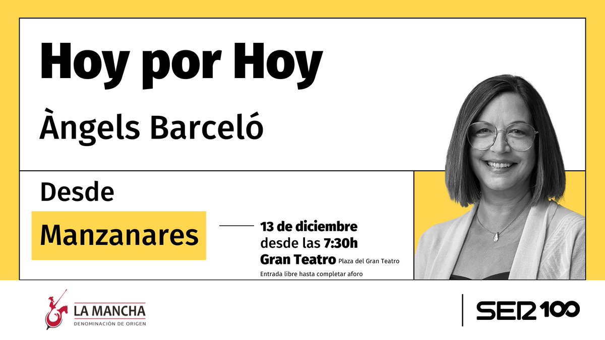 manzanares_es's tweet photo. 📻¡@HoyPorHoy, en directo desde Manzanares!🎙️

El programa de @La_SER que presenta Àngels Barceló se emitirá desde el Gran Teatro el viernes 13 de diciembre (desde las 7:30 horas)

¿Quieres estar presente? ¡La entrada es gratuita hasta completar aforo!🎟️ https://t.co/HWXB4cI7JU