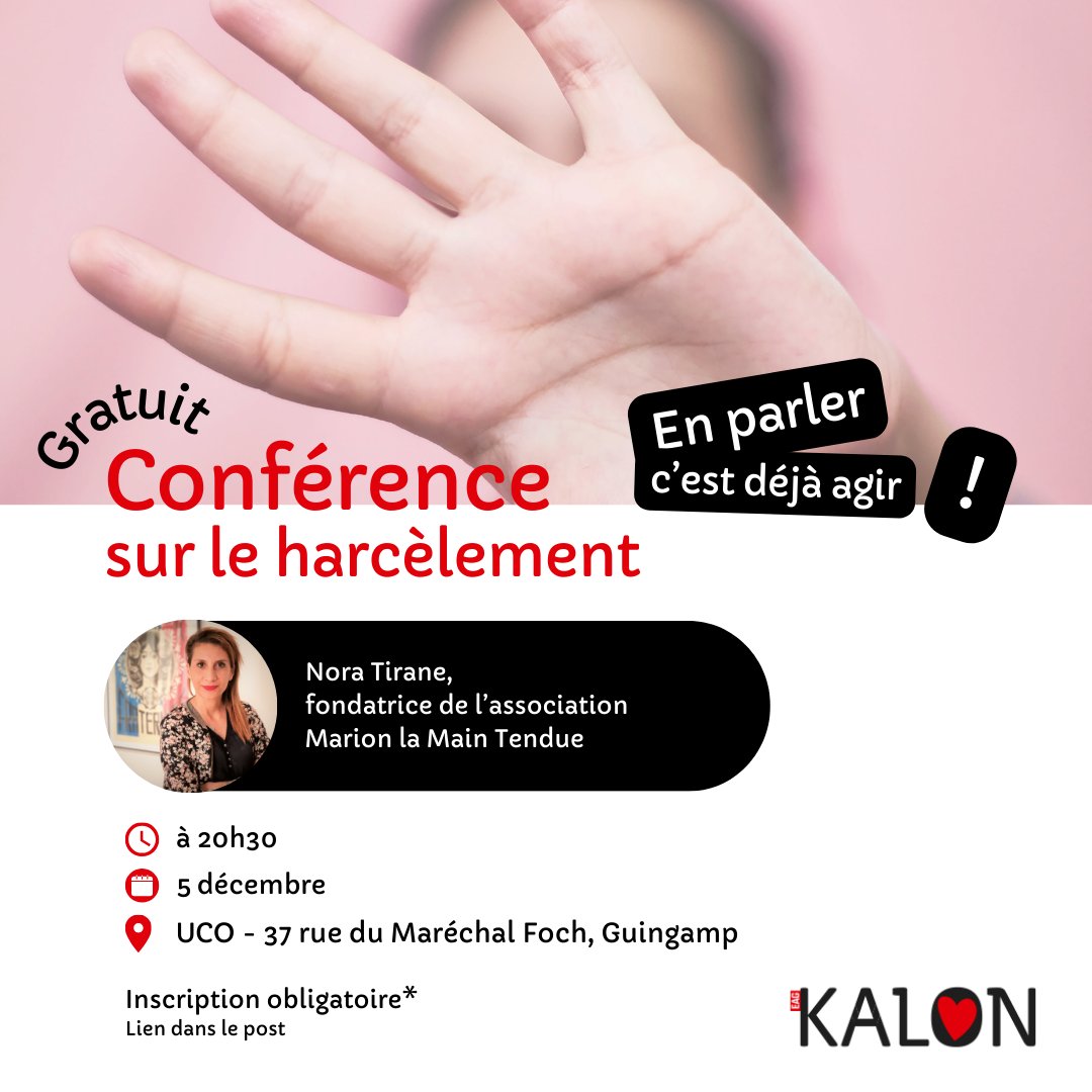 📢 Conférence harcèlement : en parler c'est déjà agir 📢

Le 5 décembre à 20h30 à l’UCO, Nora Tirane, fondatrice de l'Association Marion La Main Tendue, vous propose une conférence ouverte à tous pour mieux comprendre et prévenir le harcèlement.

🎟 220 places seulement !