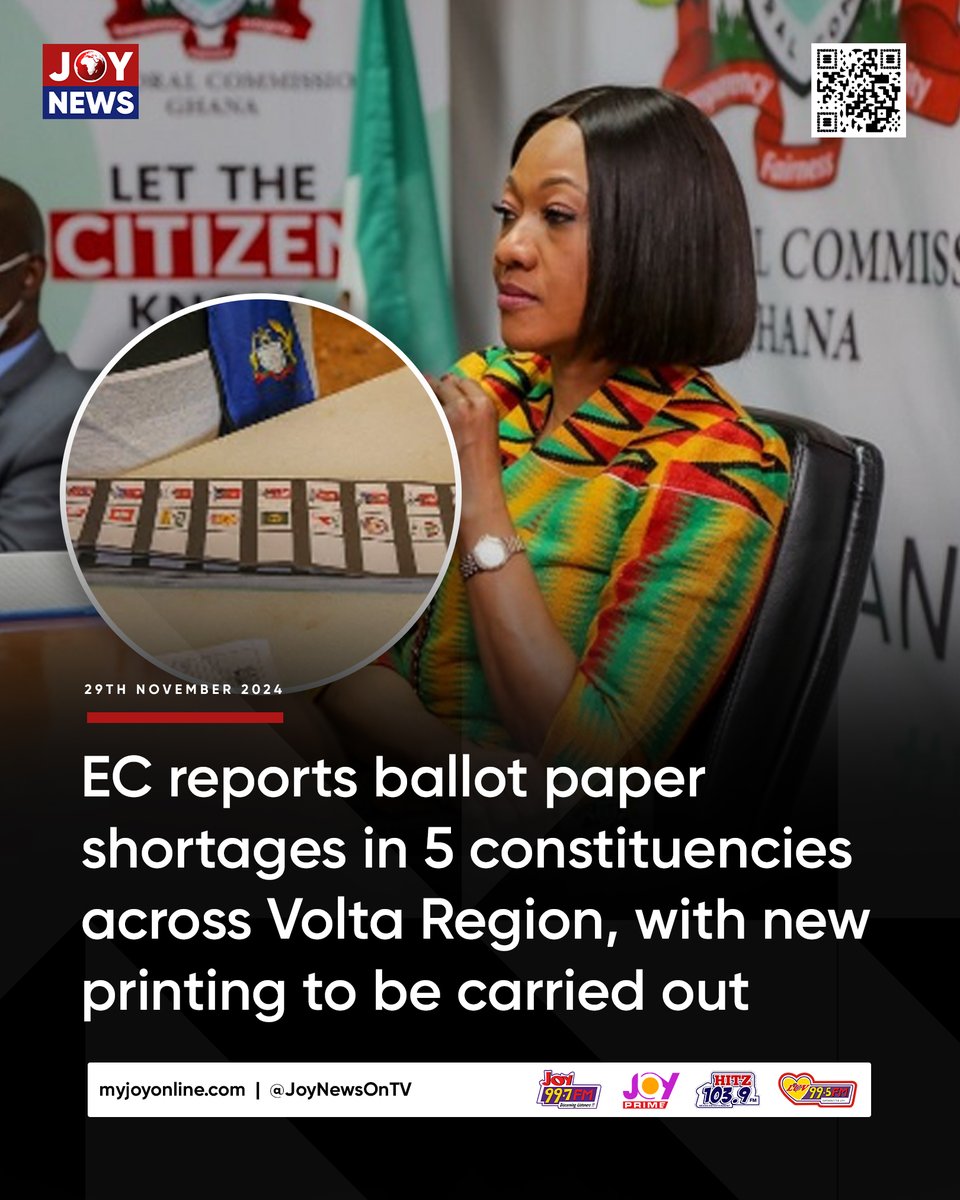 JoyNewsOnTV's tweet photo. EC reports ballot paper shortages in 5 constituencies across Volta Region, with new printing to be carried out

#ElectionHQ https://t.co/emAZs3l6A0