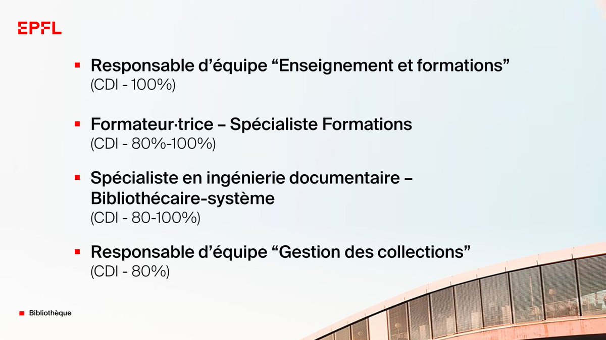 Nouvelles offres d'emploi disponibles 📢

Postulez sur go.epfl.ch/offre ✅

#bibliotheque #recrutement #joboffer