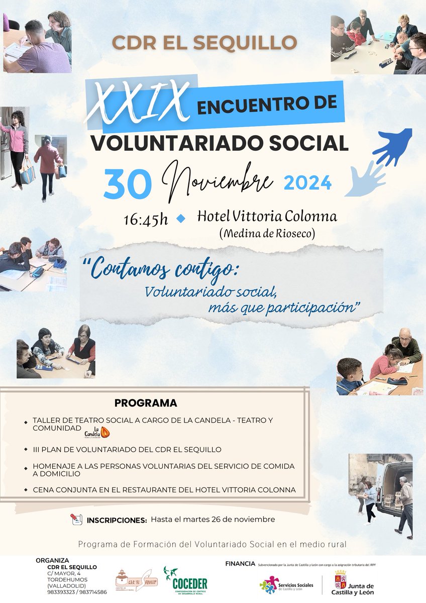 🔵Mañana celebraremos el XXIX Encuentro de Voluntariado Social "𝑪𝒐𝒏𝒕𝒂𝒎𝒐𝒔 𝒄𝒐𝒏𝒕𝒊𝒈𝒐: 𝒗𝒐𝒍𝒖𝒏𝒕𝒂𝒓𝒊𝒂𝒅𝒐 𝒔𝒐𝒄𝒊𝒂𝒍, 𝒎𝒂́𝒔 𝒒𝒖𝒆 𝒑𝒂𝒓𝒕𝒊𝒄𝒊𝒑𝒂𝒄𝒊𝒐́𝒏" en #MedinadeRioseco Con la participación de <a href="/lacandelateatro/">La Candela - Teatro y Comunidad</a> 
Subven. por <a href="/jcyl/">Junta de Castilla y León</a> con cargo al 0,7%