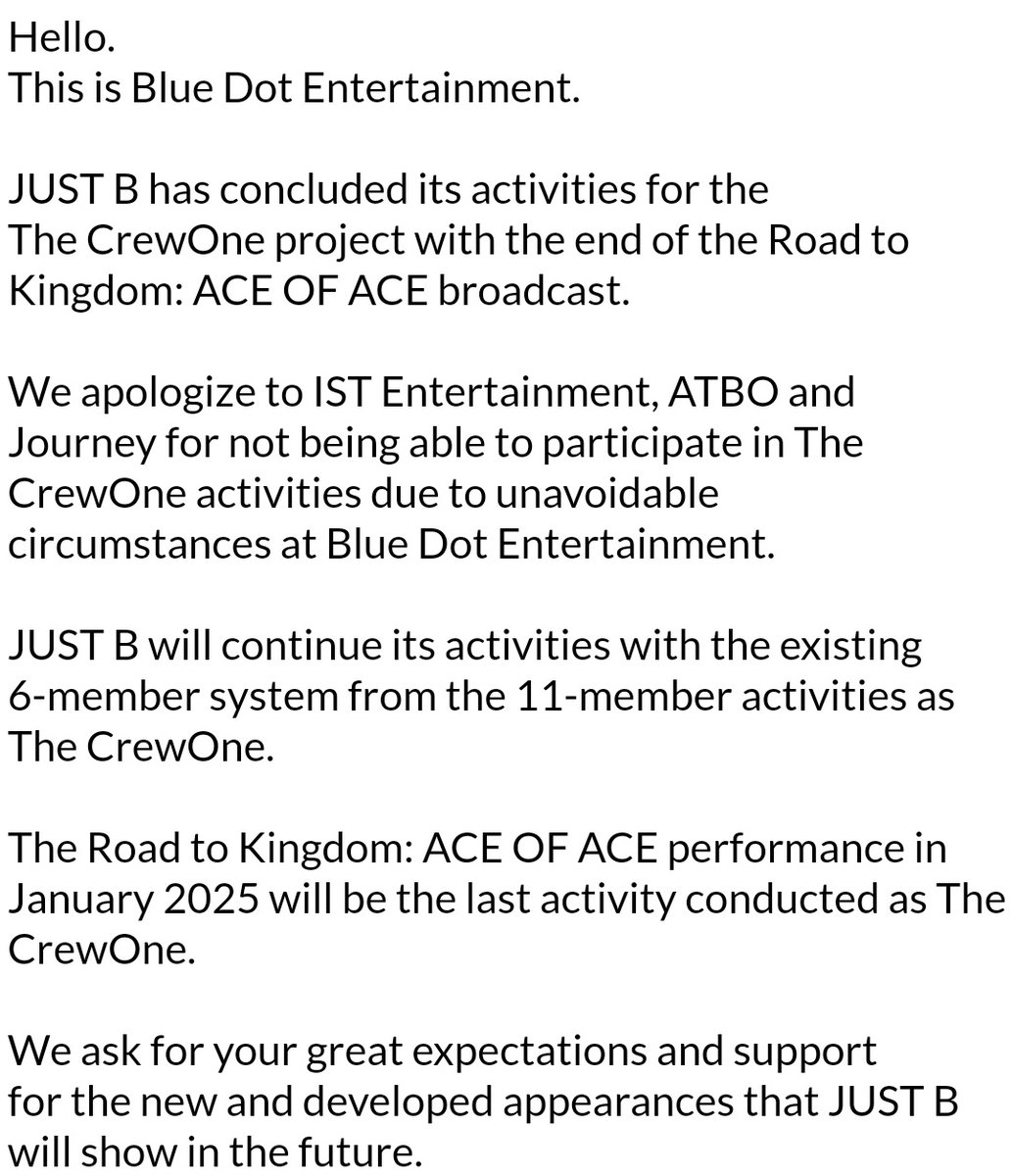 nugupromo's tweet photo. The CrewOne have officially concluded their activities due to unavoidable circumstances at Blue Dot Entertainment, with ATBO and JUST B to continue as two seperate groups.

Additionally, Blue Dot have released a statement, apologizing for not being able to continue activities. https://t.co/6zF7Z19fvT