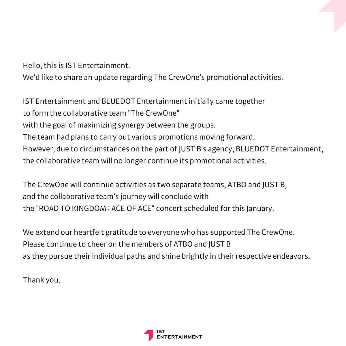 nugupromo's tweet photo. The CrewOne have officially concluded their activities due to unavoidable circumstances at Blue Dot Entertainment, with ATBO and JUST B to continue as two seperate groups.

Additionally, Blue Dot have released a statement, apologizing for not being able to continue activities. https://t.co/6zF7Z19fvT