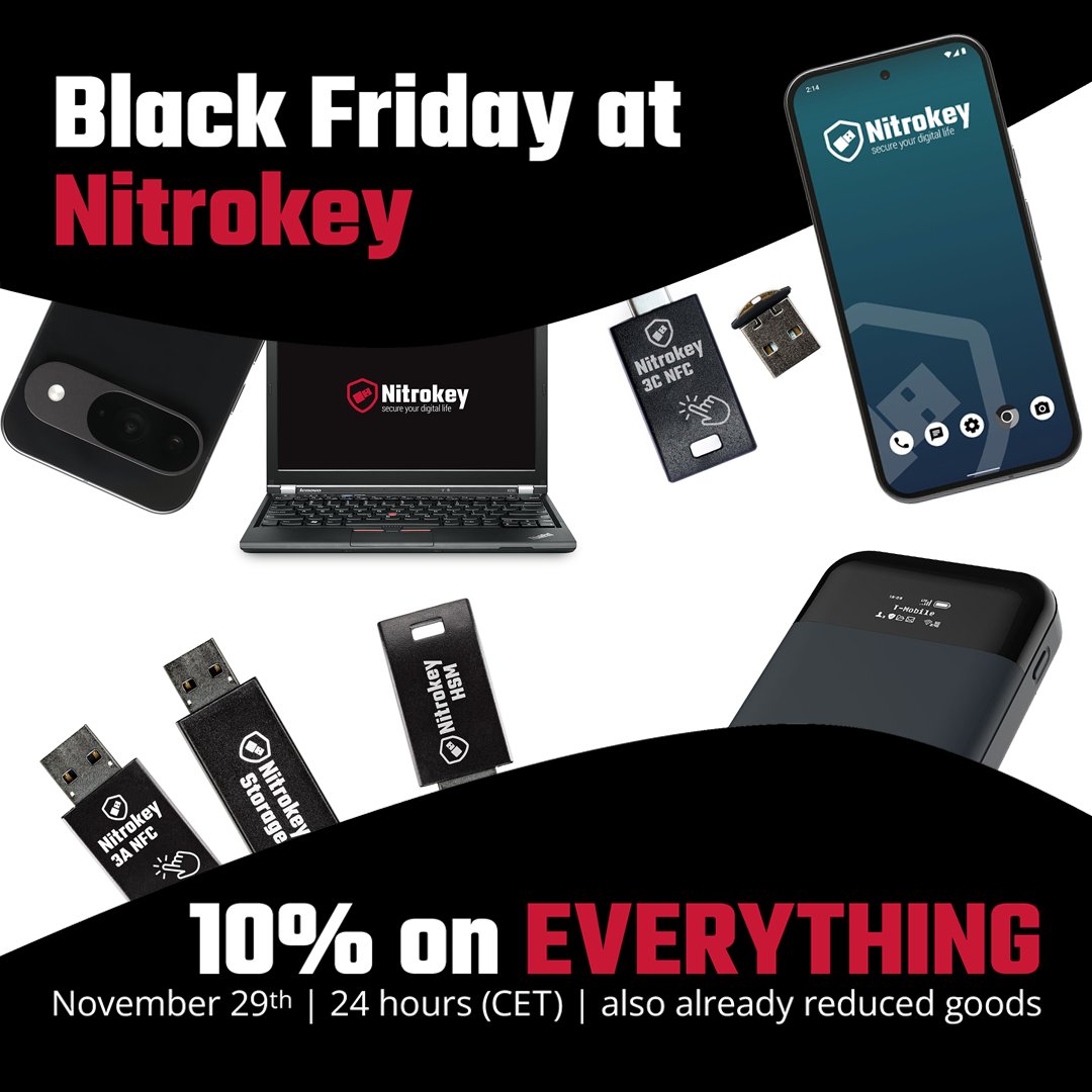 nitrokey's tweet photo. 🔥 Black Friday: 10% off everything, today only! 🛡️

🔒 Secure your data
🌍 Sustainable &amp; Made in Germany
⚙️ Open Source transparency
⏰ 29.11.2024, 00:00–23:59 (CET)
🔗 Shop now: https://t.co/5KhzGhS3EP
#BlackFridayDeals #CyberSecurity #Nitrokey https://t.co/pSuo3lk8KE