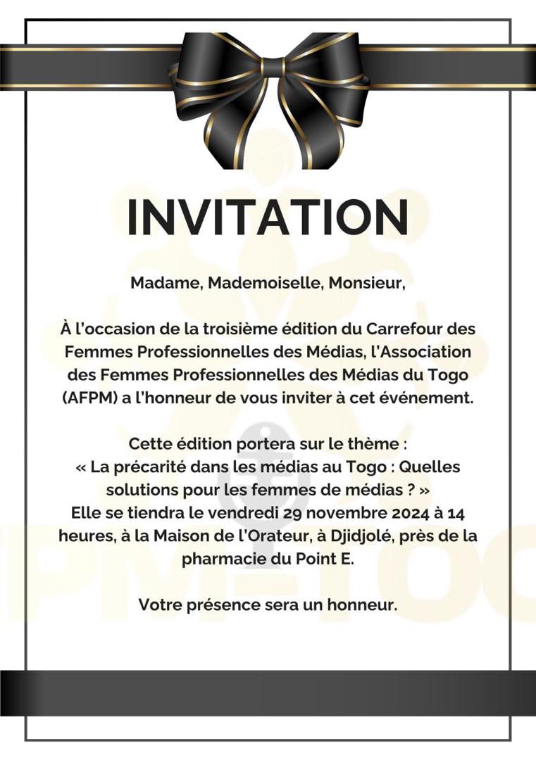 C’est le jour J ! 🎉

Nous sommes ravies de vous accueillir pour la 3ᵉ édition du Carrefour des femmes professionnelles des médias !

📍 Lieu : Maison de l'Orateur à Djidjolé
(Von en face de la Pharmacie du Point E)
🗺️ Localisation : goo.gl/maps/mjuxMLrhd…
#afpmtogo