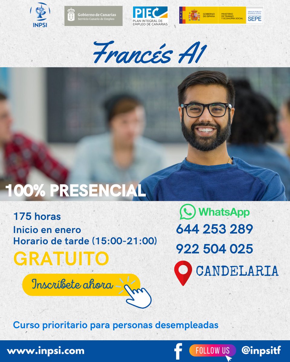 inpsitf's tweet photo. 🌟 ¡Aprende Francés desde Cero! 🇫🇷 🌟

📍 Candelaria
📅 Inicio en enero
🕒 Horario de tarde (08:30-14:30)
📚 175 horas de formación
💼 Curso prioritario para personas desempleadas
Certifica y consigue tu diploma con Alianza Francesa https://t.co/tTtiHfyWZy