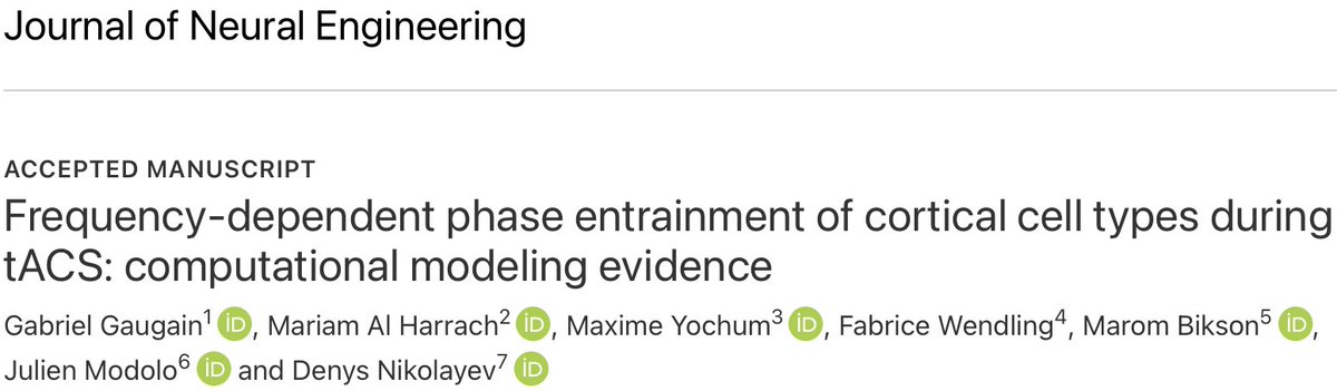 Happy to share our latest result of collaboration with <a href="/Neuromaths/">Julien Modolo</a> &amp; <a href="/MaromBikson/">Marom Bikson</a>. Thank you, Gabriel, for leading this effort and to all co-authors! We demonstrate how tACS can better target specific cortical neurons, enabling more precise neuromodulation
iopscience.iop.org/article/10.108…