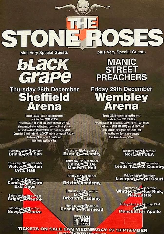 ShiiineOn_'s tweet photo. This week in 1995 

The Stone Roses began their UK Second Coming tour.

Reni leaving the band ahead it and being replaced with Robbie Maddox and Nigel Ippinson joining on Keys. https://t.co/6qxNAnNXy7