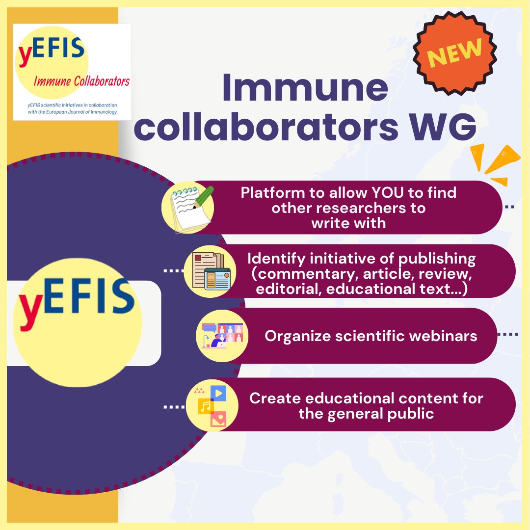 ✨ Meet yEFIS working groups! 

Immune collaborators WG is a platform to allow you to find other researchers to write with; identify initiative of publishing; organize scientific webinars and create educational content for the general public. 📝🌐