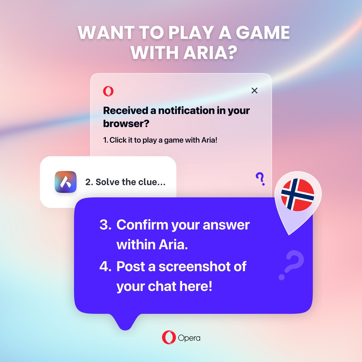 opera's tweet image. WANNA PLAY A GAME WITH ARIA?!

If you’ve used Aria before, you might’ve seen a browser notification about a game you can play right now!

Follow the steps below to be in to win!

(Psst, you can also send Aria the codeword "Thor" to join in!)
