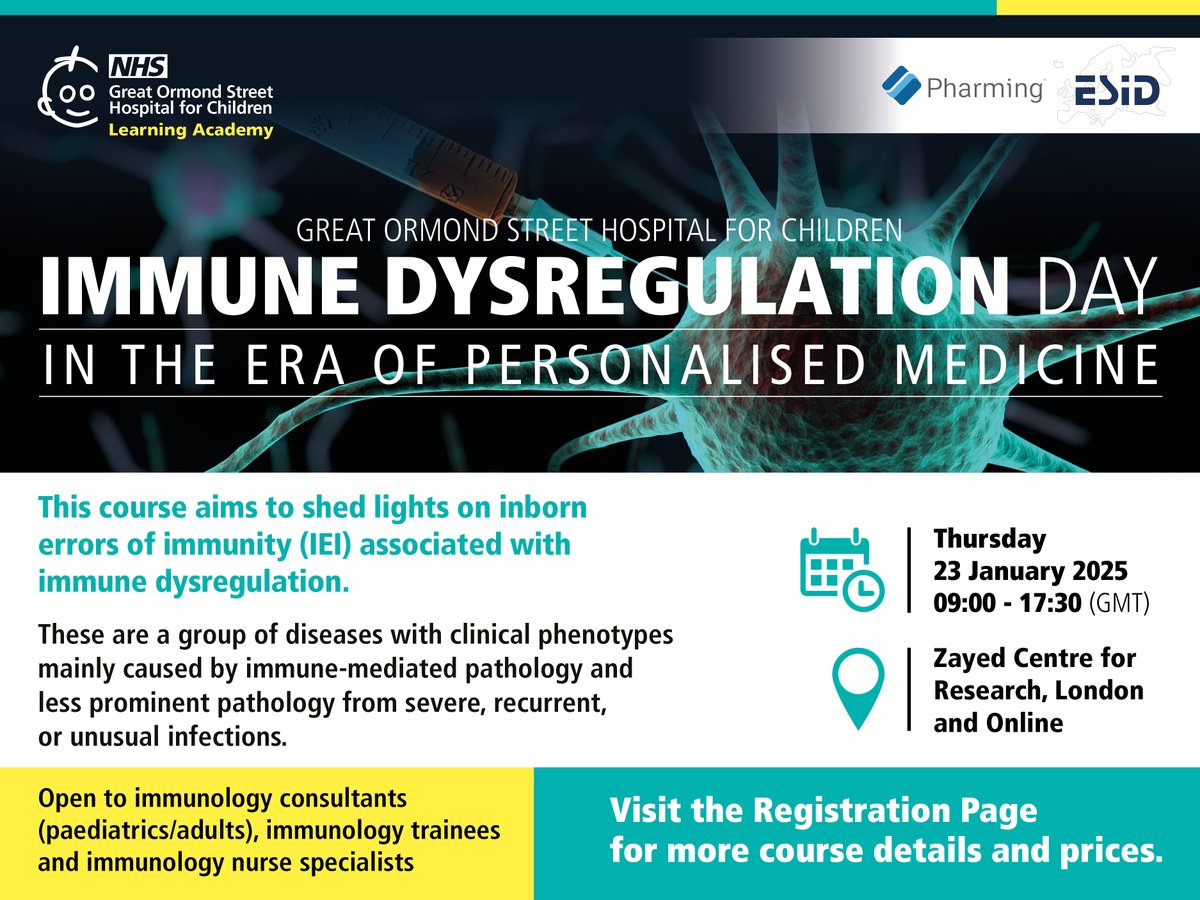 Are you an immunology consultant, trainee or clinical nurse specialist? Looking for the latest updates on managing patients with IEI associated with immune dysregulation?

Then sign up to attend our hybrid course on 23 January. Book now! courses.gosh.org/event/GOSH-IDD