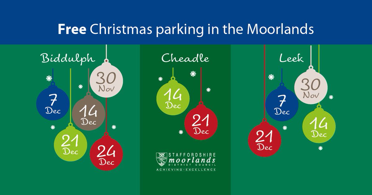 Don't forget - there's FREE parking in all council owned car parks in Biddulph and Leek this Saturday 30 November!

Help our high streets this Christmas and #ShopLocal