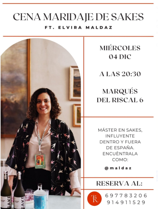 <a href="/maldaz/">Elvira</a> organiza una cena maridaje en Madrid en Taberna Riscal. Es una introducción al sake con cata y maridaje de 5 sakes y 5 platos más un cóctel. Precio: 85 euros.