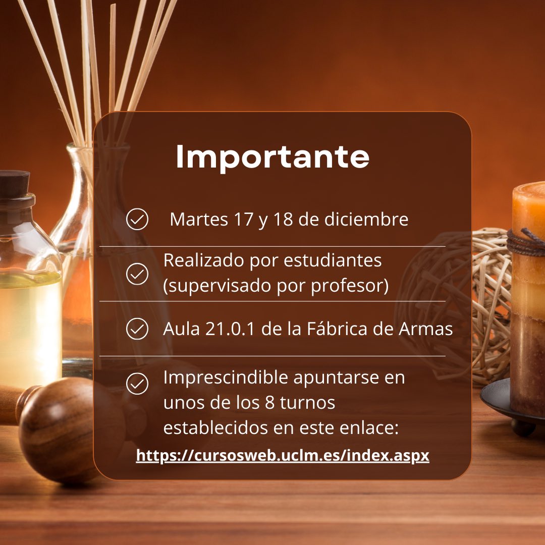 🌟 ¡Relájate y ayuda! 🌟

Únete a nuestras Jornadas de Masaje Solidario 💆‍♀️💆‍♂️.

📋 Cómo participar:
1️⃣ Inscríbete en cursos web.
2️⃣ Trae una bolsas de material de limpieza 🧼.
3️⃣ Recibe tu masaje como agradecimiento.

Todo lo recaudado será enviado a Valencia

 ¡Te esperamos!