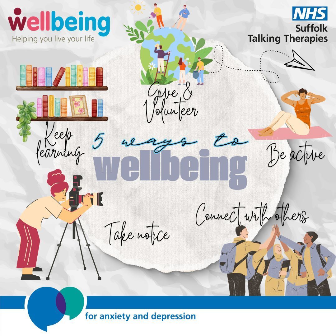 If you're feeling overwhelmed and don't know where to start...focus on the Five ways to Wellbeing!

They are:
💕 Connect
👟 Be active
📸 Take notice
📚 Keep learning
💝 Give

Find out more about how you can incorporate these into your life here: wellbeingnands.co.uk/suffolk/self-h…