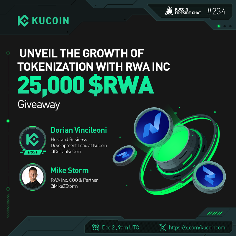 kucoincom's tweet photo. 🔥Up next on #KuCoinFireSideChat: Explore "Tokenization Growth" with @RWA_Inc_!

🎁25,000 $RWA (10 winners)

1️⃣Follow @kucoincom &amp; @RWA_Inc_
2️⃣❤️&amp; RT
3️⃣Subscribe to KuCoin's Youtube Channel
4️⃣Fill in: https://t.co/WKLXXA6sOO
5️⃣Join the space

✅Set a reminder