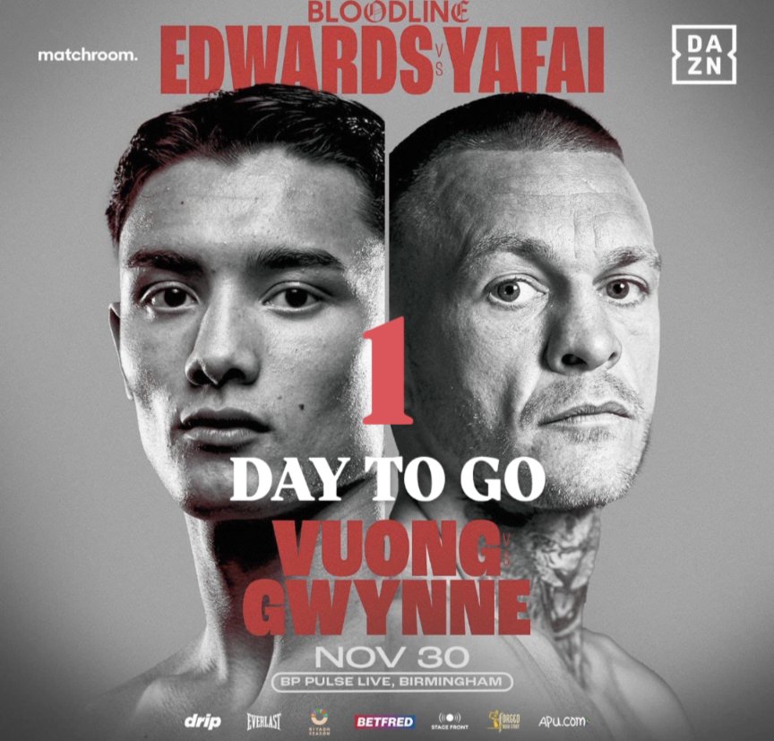 One Day To Go!! <a href="/gavin1gwynne/">gavin gwynne</a> 
<a href="/MatchroomBoxing/">Matchroom Boxing</a> 
Live <a href="/DAZNBoxing/">DAZN Boxing</a> 📺
